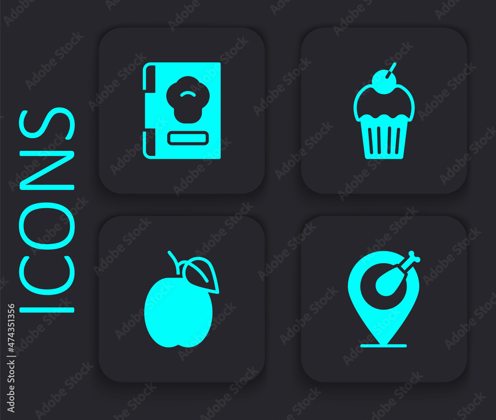 Set Chicken leg, Cookbook, Muffin and Plum fruit icon. Black square button. Vector