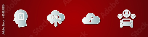 Set Head with low battery, CO2 emissions in cloud, Music streaming service and Car sharing icon. Vector