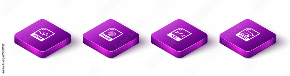 Set Isometric MP3 file document, HTML, XSL and M3U icon. Vector Set Isometric MP3 file document, HTML, XSL and M3U icon. Vector