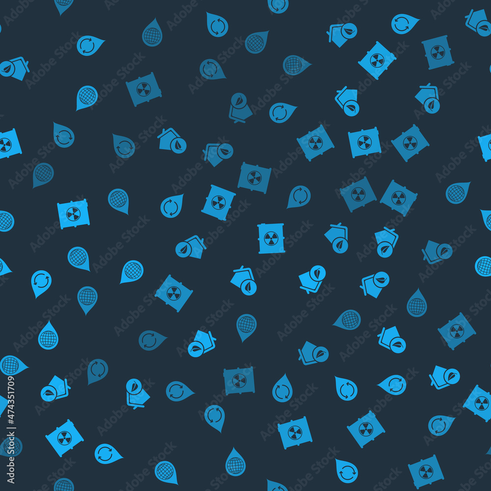 Set Recycle clean aqua, Eco friendly house, Radioactive waste in barrel and Earth planet water drop on seamless pattern. Vector Set Recycle clean aqua, Eco friendly house, Radioactive waste in barrel and Earth planet water drop on seamless pattern. Vector