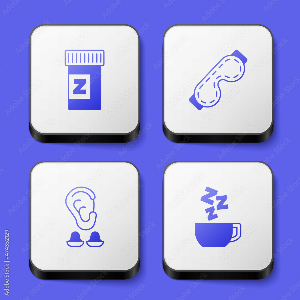 Set Sleeping pill, Eye sleep mask, Earplugs and ear and Chamomile tea icon. White square button. Vector Set Sleeping pill, Eye sleep mask, Earplugs and ear and Chamomile tea icon. White square button. Vector