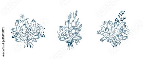 set of Natural forest bouquets for Christmas decoration. Floral arrangements. Evergreens  conifers  berries  leaves  thorns  cones. Vector illustration.