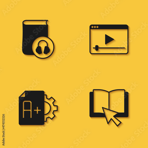 Set Audio book, Online, Exam sheet with plus grade and play video icon with long shadow. Vector