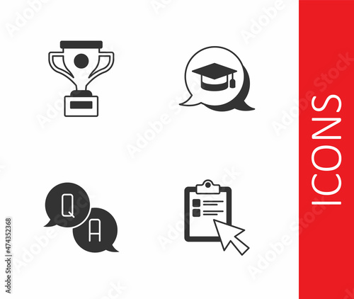 Set Online quiz, test, survey, Award cup, Question and Answer and Graduation cap speech bubble icon. Vector