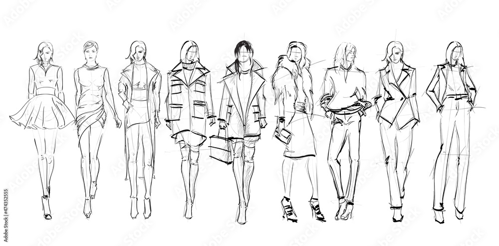 Set of young beautiful women in stylish clothes. Sale concept. Hand-drawn fashion illustration. Fashion sketch. Set of young beautiful women in stylish clothes. Sale concept. Hand-drawn fashion illustration. Fashion sketch.