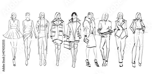 Set of young beautiful women in stylish clothes. Sale concept. Hand-drawn fashion illustration. Fashion sketch.