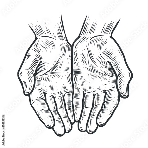 Cupped hands, folded arms sketch. Vintage vector illustration