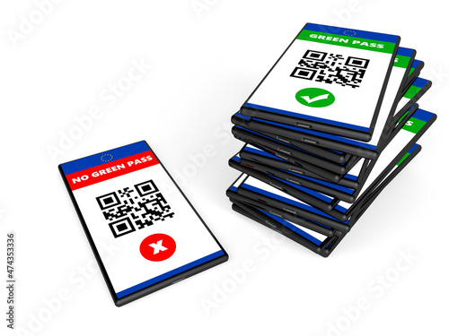Stack of mobile phones with valid green pass and a single mobile phone with invalid green pass
