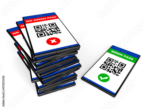 Stack of mobile phones with invalid green pass and a single mobile phone with valid green pass