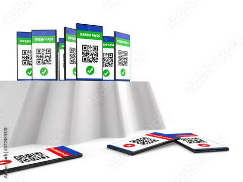Group of mobile phones with valid green pass on top of a hill and under some mobile phones without green pass
