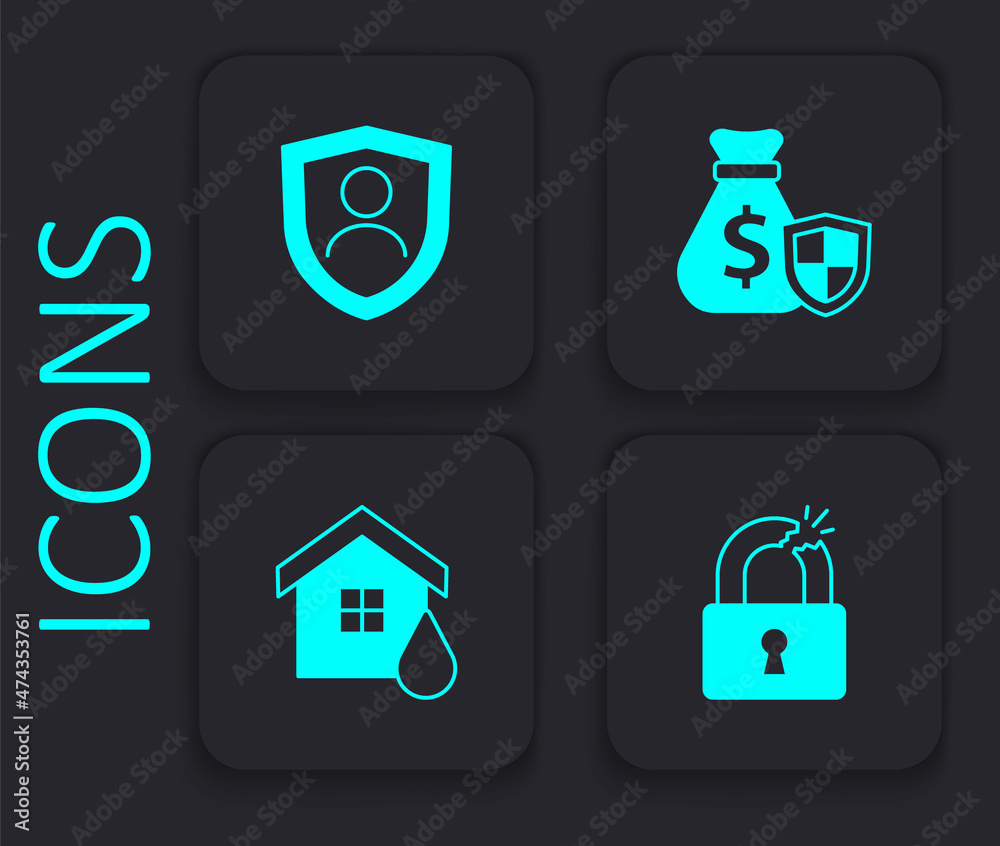 Set Broken or cracked lock, Life insurance with shield, Money bag and House flood icon. Black square button. Vector Set Broken or cracked lock, Life insurance with shield, Money bag and House flood icon. Black square button. Vector