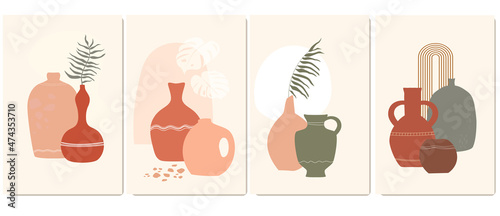 A set of contemporary abstract posters with exotic antique vases, bottles, palm leaves. African exotic still life. Rainbow and sun in boho style. Vector graphics.