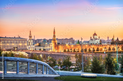 View of the Cathedral of Christ the Savior and the Kremlin towers in Moscow