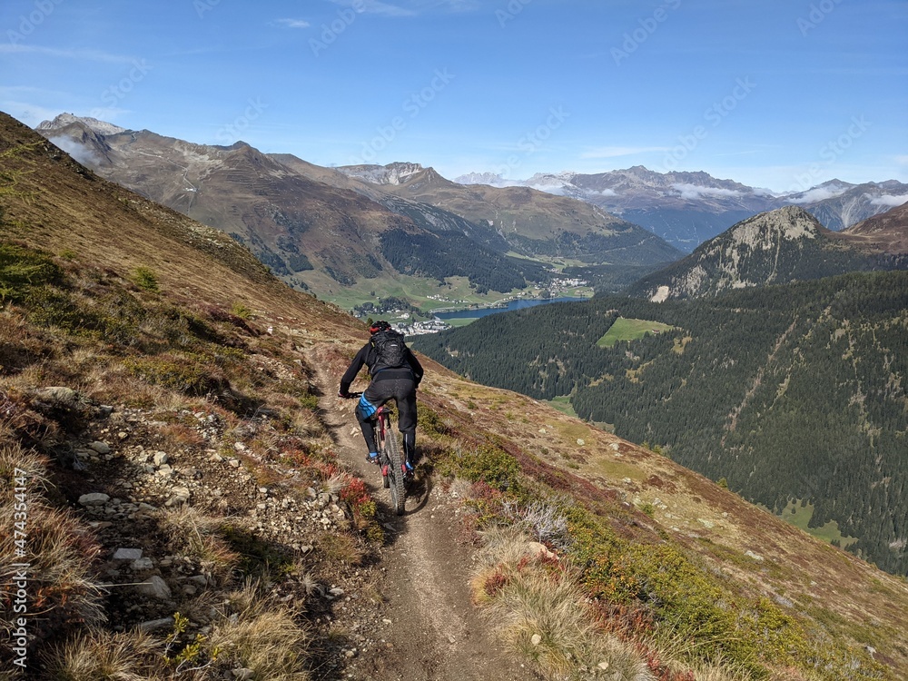 Enduro Rider downhill at Davos, Swiss Mountains Alps at Davos, Switzerlnad