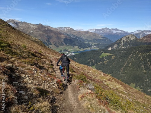 Enduro Rider downhill at Davos, Swiss Mountains Alps at Davos, Switzerlnad