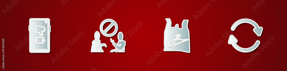 Set Megaphone on mobile, Stop plastic pollution, Dead bird, and Refresh icon. Vector Set Megaphone on mobile, Stop plastic pollution, Dead bird, and Refresh icon. Vector