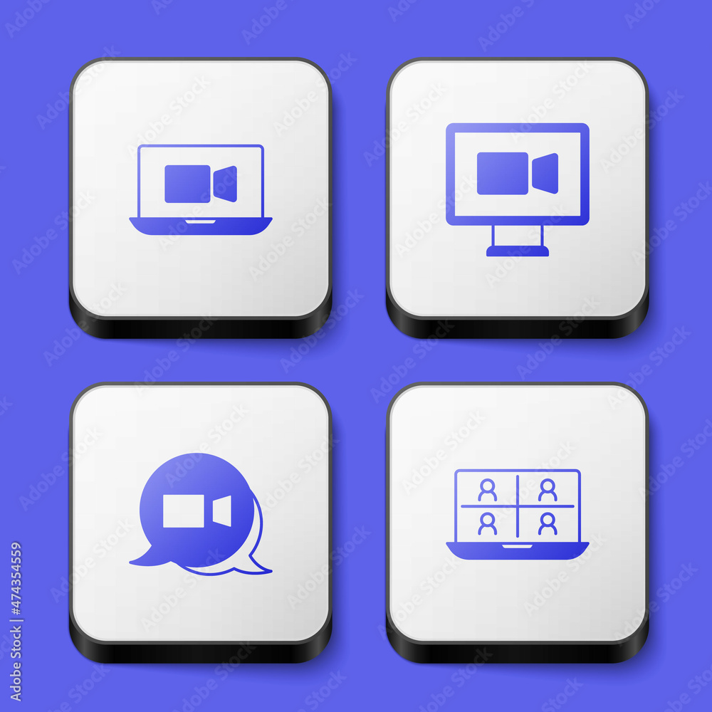 Set Video chat conference, and icon. White square button. Vector Set Video chat conference, and icon. White square button. Vector