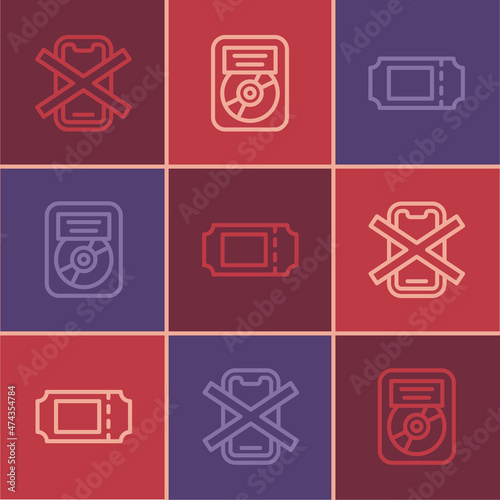 Set line No cell phone, Cinema ticket and CD disk award frame icon. Vector