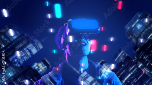 Future game and entertainment digital technology . Teenager having fun play VR virtual reality glasses sport game metaverse NFT game 3D cyber space futuristic neon colorful background.