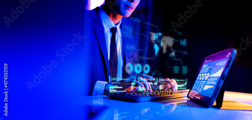Finance business investment data analytics strategy report, crypto currency blockchain stock exchange graph chart and business man in suit typing on keyboard computer, financial and technology.