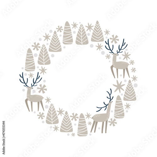 Christmas doodle hand drawn vector wreath snowflakes, fir tree and deer frame for text decoration. Cute holiday Scandinavian style illustration © timonko