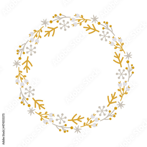 Christmas doodle hand drawn vector wreath floral branch and snowflakes frame for text decoration. Cute holiday Scandinavian style illustration