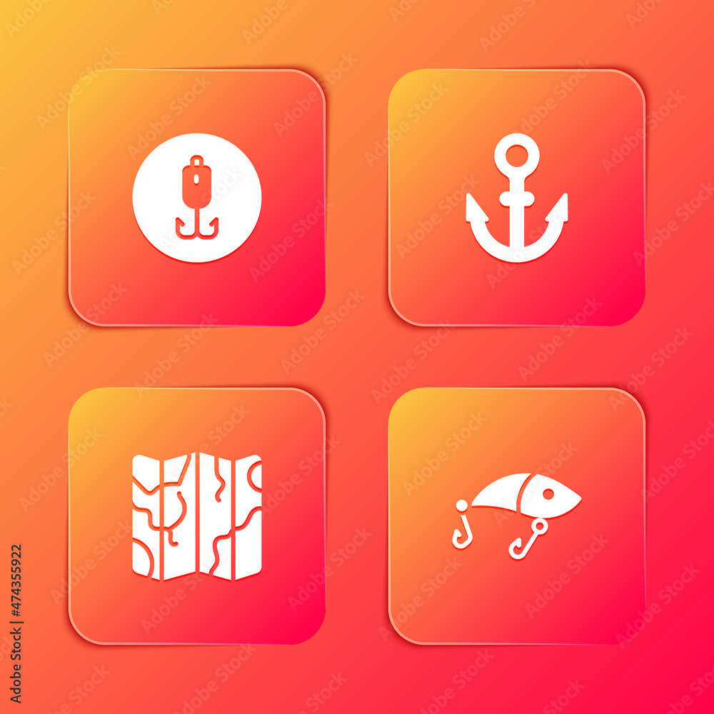 Fototapeta premium Set Fishing hook, Anchor, Folded map and lure icon. Vector