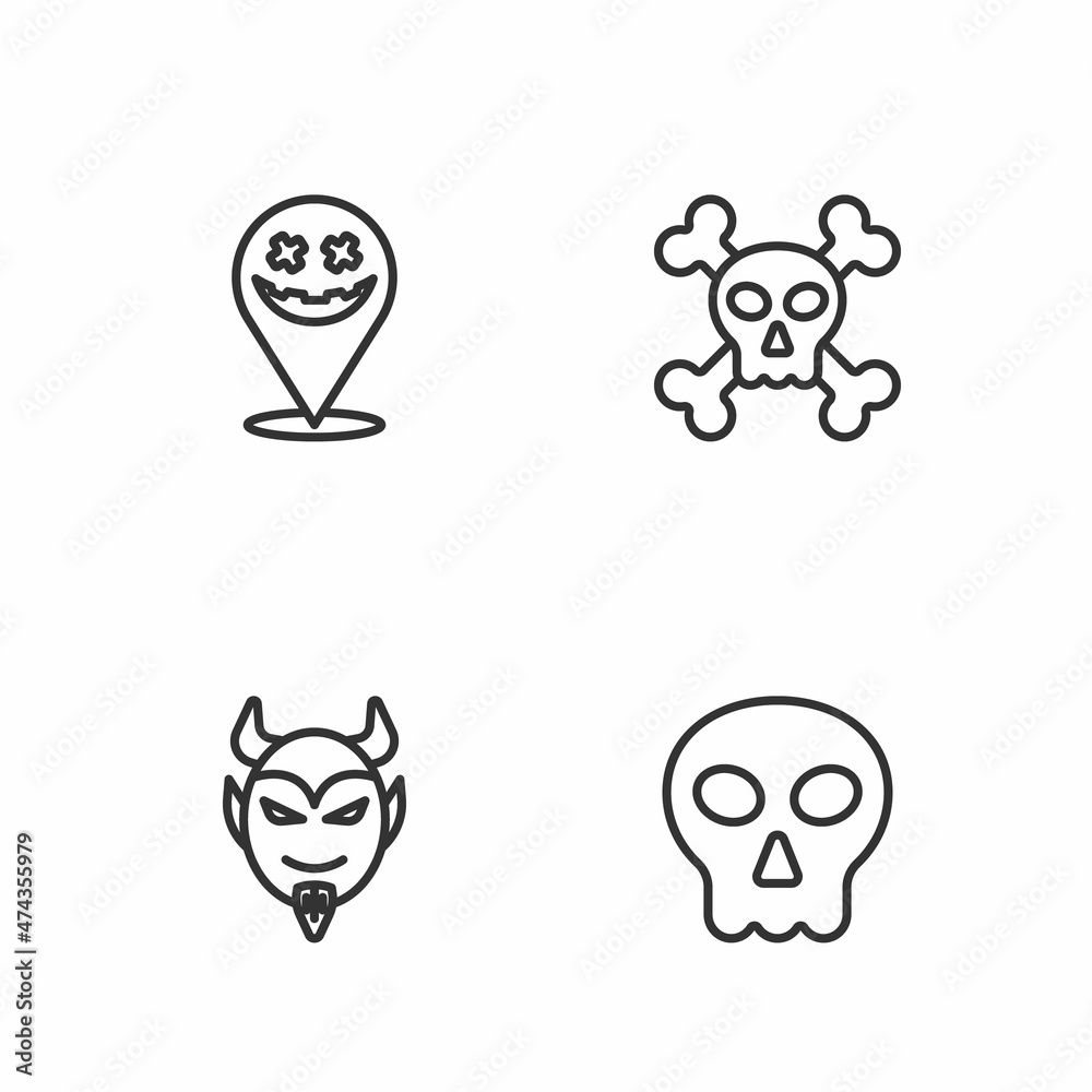 Set line Skull, Devil head, Happy Halloween holiday and on crossbones icon. Vector Set line Skull, Devil head, Happy Halloween holiday and on crossbones icon. Vector
