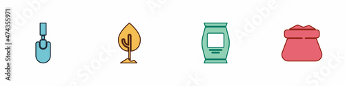 Set Garden trowel spade or shovel, Tree, Fertilizer bag and Full sack icon. Vector