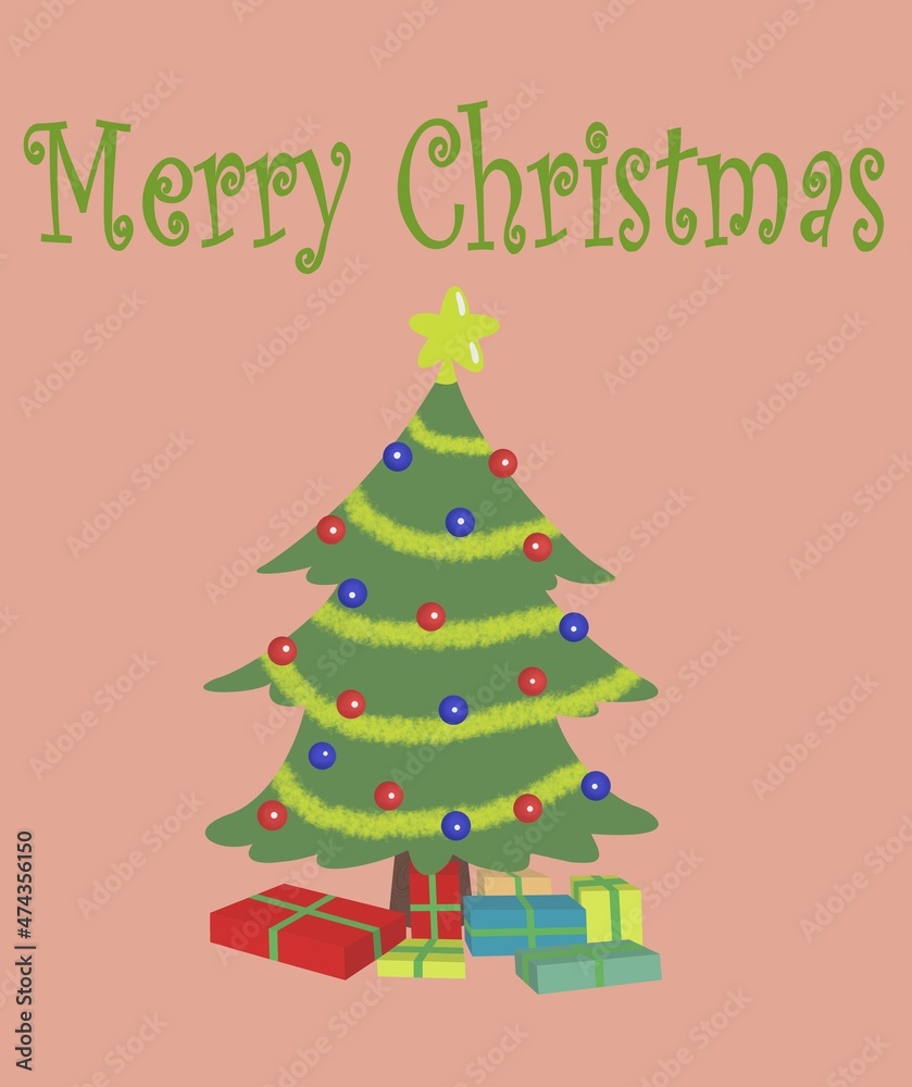 card with a green decorated Christmas tree with blue and red toys under the tree there are seven boxes with gifts card with a green decorated Christmas tree with blue and red toys under the tree there are seven boxes with gifts