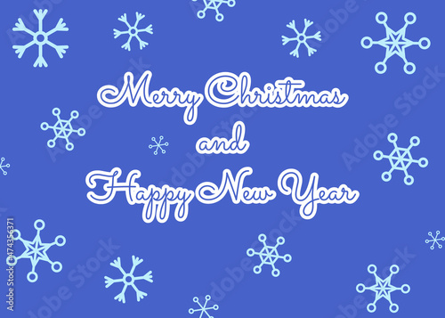 Merry Christmas and Happy New Year  card with different snowflakes. Postcard in blue winter tones. Print for seasonal decoration  banners  stickers  poster  flyer  invitation. 