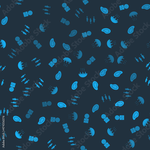 Set Canned fish, Mussel, Soup with shrimps and Fishes on seamless pattern. Vector