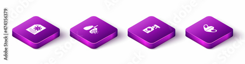 Set Isometric Clipboard with blood test results, Virus cells in lung, Liquid antibacterial soap and Medical protective mask icon. Vector