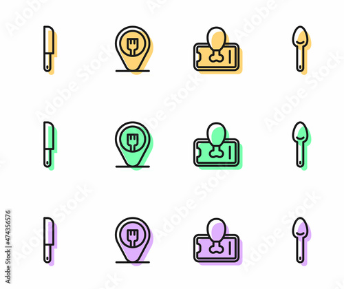 Set line Food ordering on mobile, Knife, Cafe and restaurant location and Spoon icon. Vector
