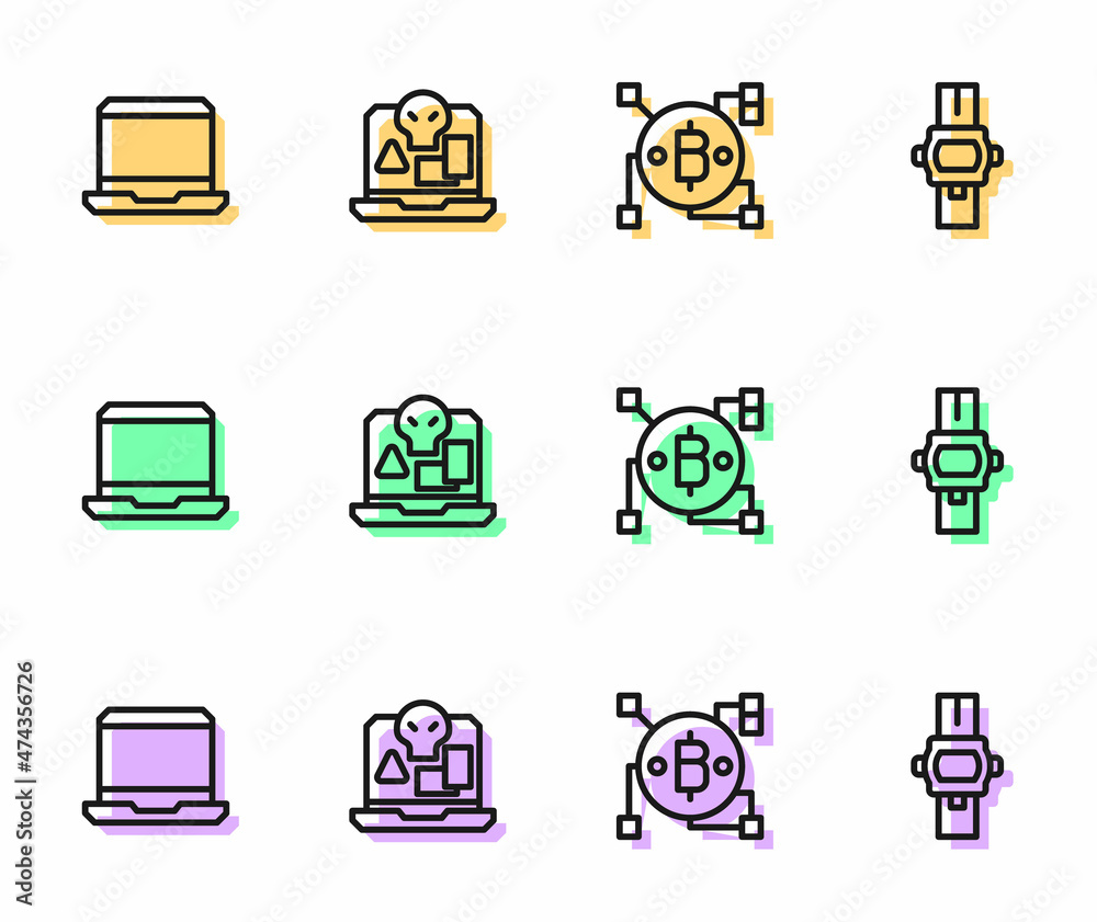 Set line Blockchain technology Bitcoin, Laptop, Internet piracy and Wrist watch icon. Vector Set line Blockchain technology Bitcoin, Laptop, Internet piracy and Wrist watch icon. Vector