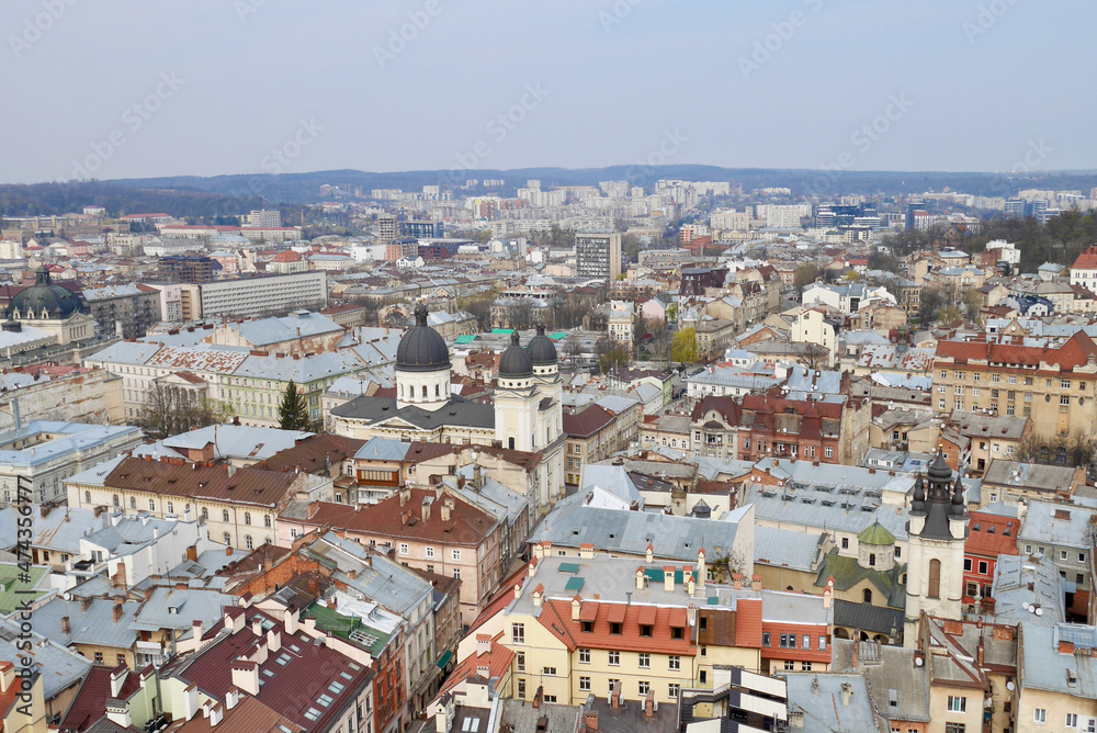 Aerial view of the historical old town. Lviv, Ukraine.