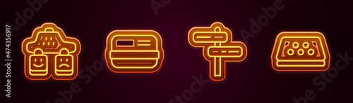 Set line Taxi service rating, Credit card, Road traffic sign and roof. Glowing neon icon. Vector
