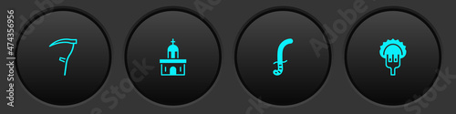 Set Scythe, Church building, Medieval sword and Dumplings on fork icon. Vector
