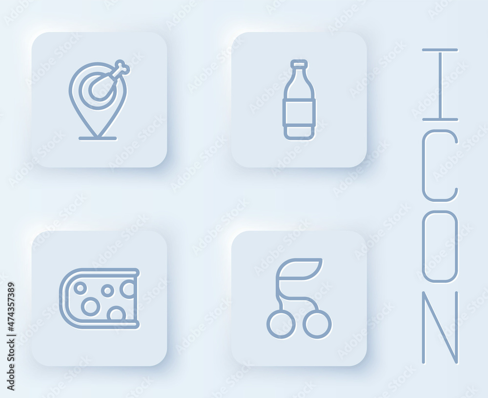 Set line Chicken leg, Bottle of wine, Cheese and Fresh berries. White square button. Vector Set line Chicken leg, Bottle of wine, Cheese and Fresh berries. White square button. Vector