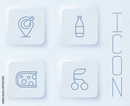Set line Chicken leg, Bottle of wine, Cheese and Fresh berries. White square button. Vector