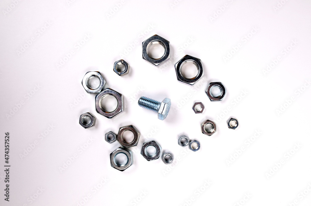 The bolt lies on a white background among the nuts. Problem of choice. The problem is finding the right size. The metaphor of the problem in choosing a partner for sex The bolt lies on a white background among the nuts. Problem of choice. The problem is finding the right size. The metaphor of the problem in choosing a partner for sex