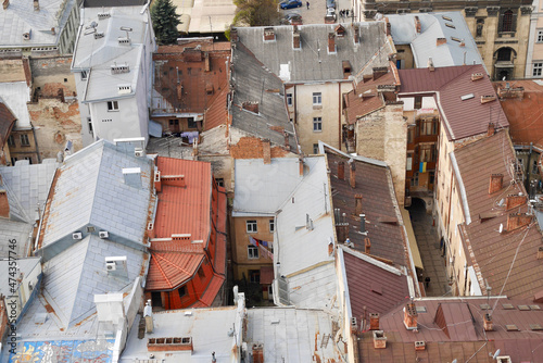 Aerial view of the rooftops in old town Lviv, Ukraine, 6.04.2019. © Maleo Photography