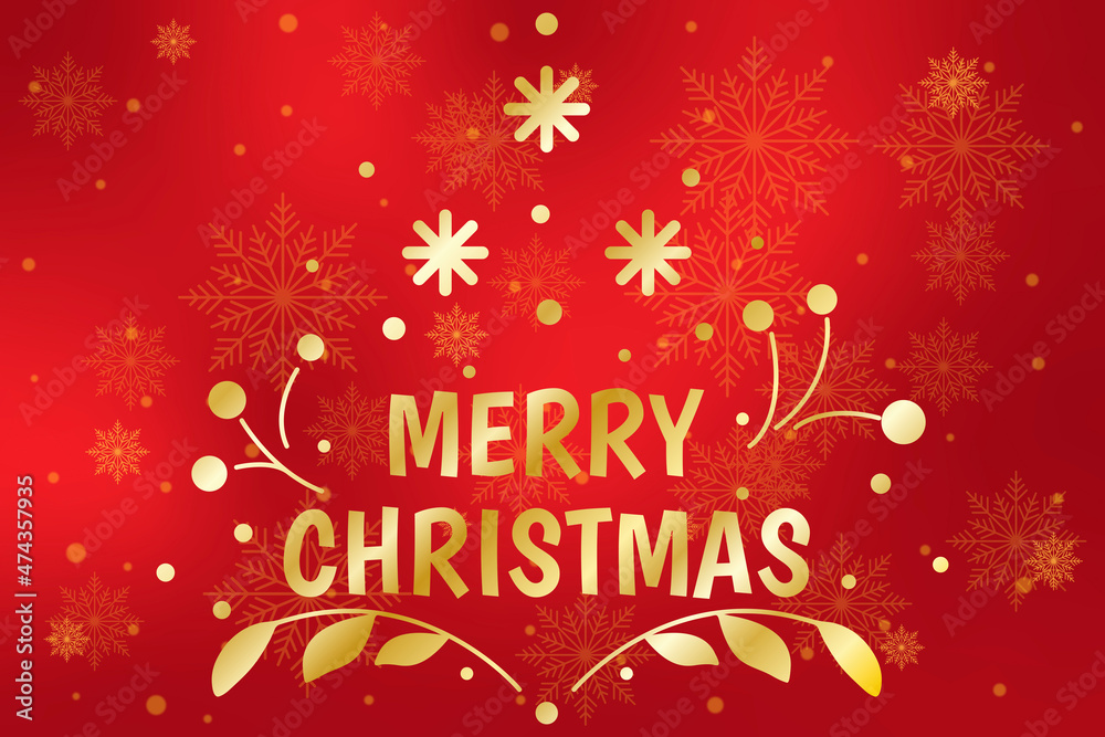 Merry christmas banner on red background with bokeh lights and snowflakes effect, christmas illustration