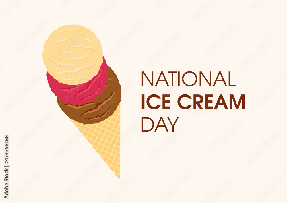 National Ice Cream Day vector. Vanilla, strawberry and chocolate scoop ice cream icon vector