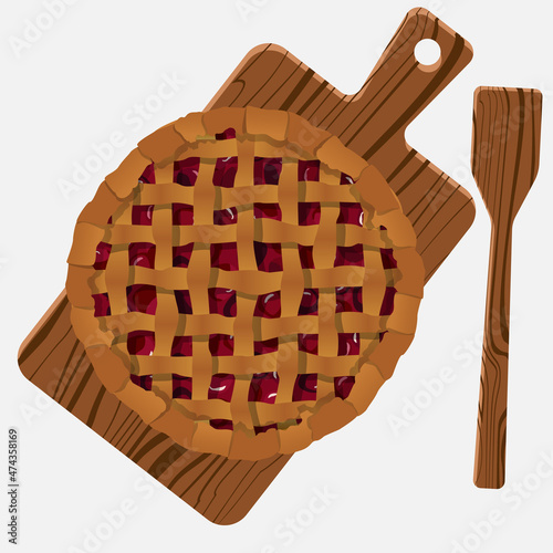 Vector cherry pie on wooden cutting board, spatula isolated on white background.
