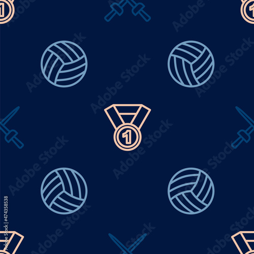 Set line Fencing, Volleyball ball and Medal on seamless pattern. Vector