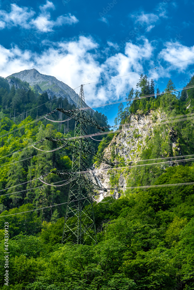 High Voltage Pylon With Numerous Wires In Alpine Landscape With Mountain Forest