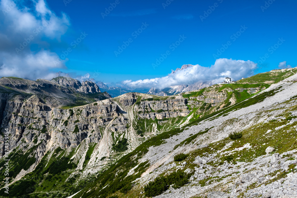 Alpine Landscape With Mountain Peaks And View To Rifugio Auronzo On Mountain Tre Cime Di Lavaredo In South Tirol In Italy