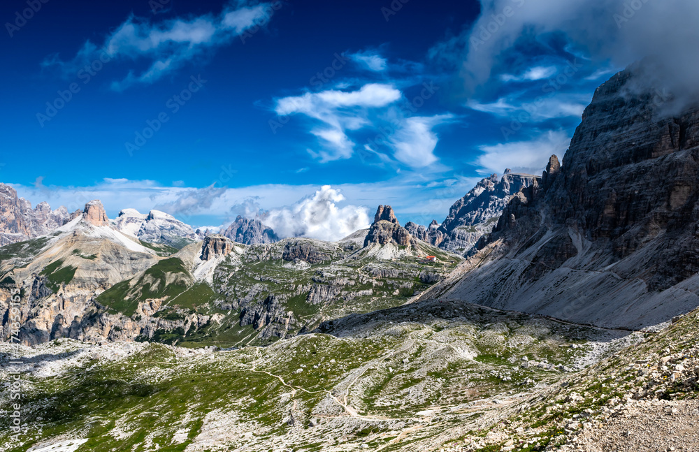 Alpine Landscape With Mountain Peaks And View To Rifugio Antonio Locatelli - Dreizinnenhuette -  On Mountain Tre Cime Di Lavaredo In South Tirol In Italy