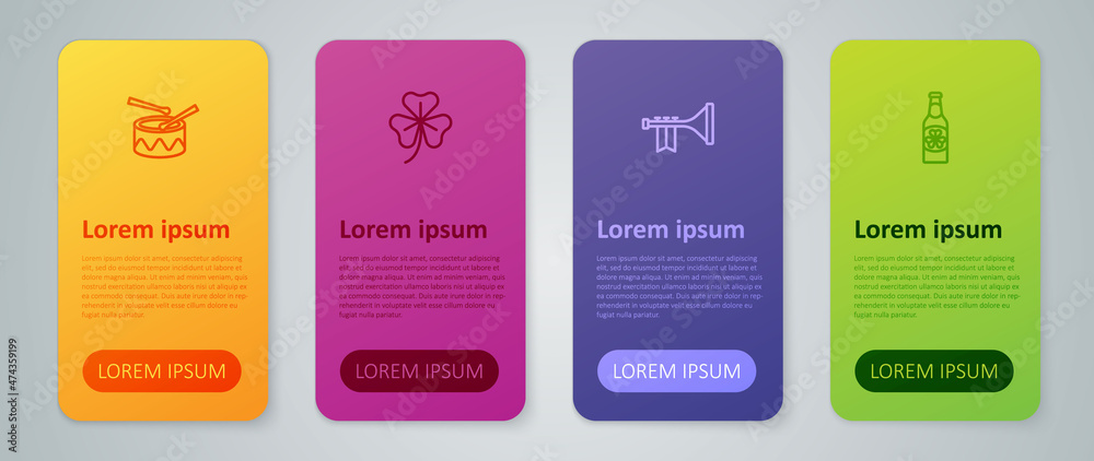 Set line Trumpet, Beer bottle with clover, Drum drum sticks and Clover trefoil leaf. Business infographic template. Vector